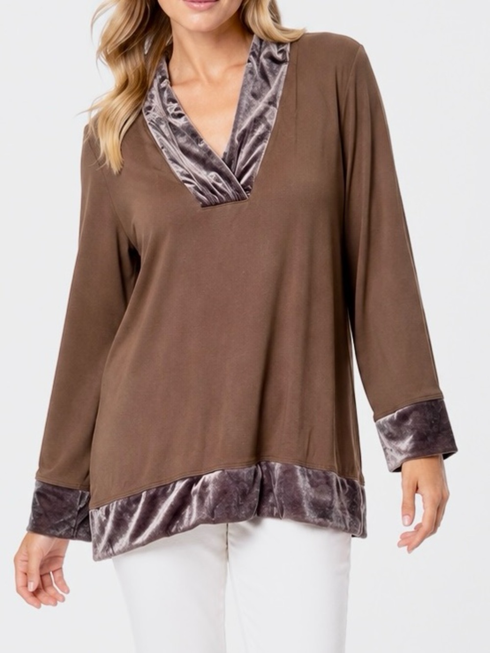HOT COTTON Soft Brown Sweatshirt w Velvet Trim V-Neck Tunic Top Sweater #LHP